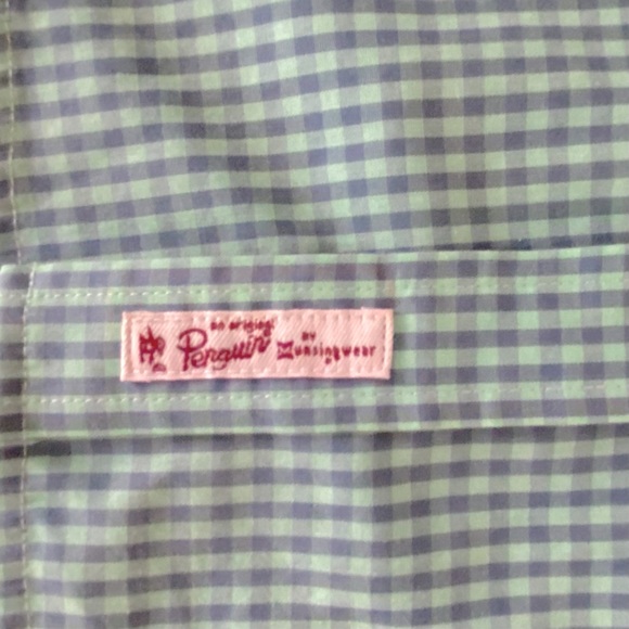 Penguin Men  Collared Shortsleeve button Shirt Mint Green/Light Blue Checked - Picture 5 of 6